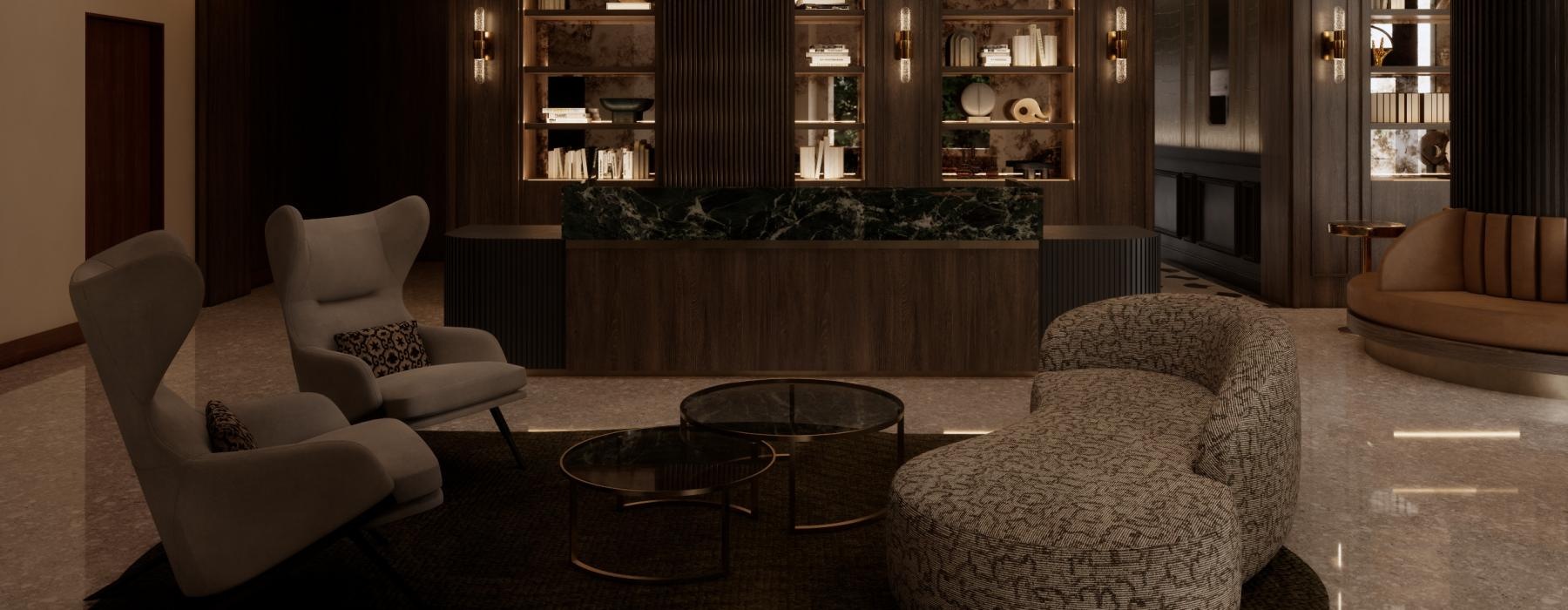 a room with chairs and a chandelier