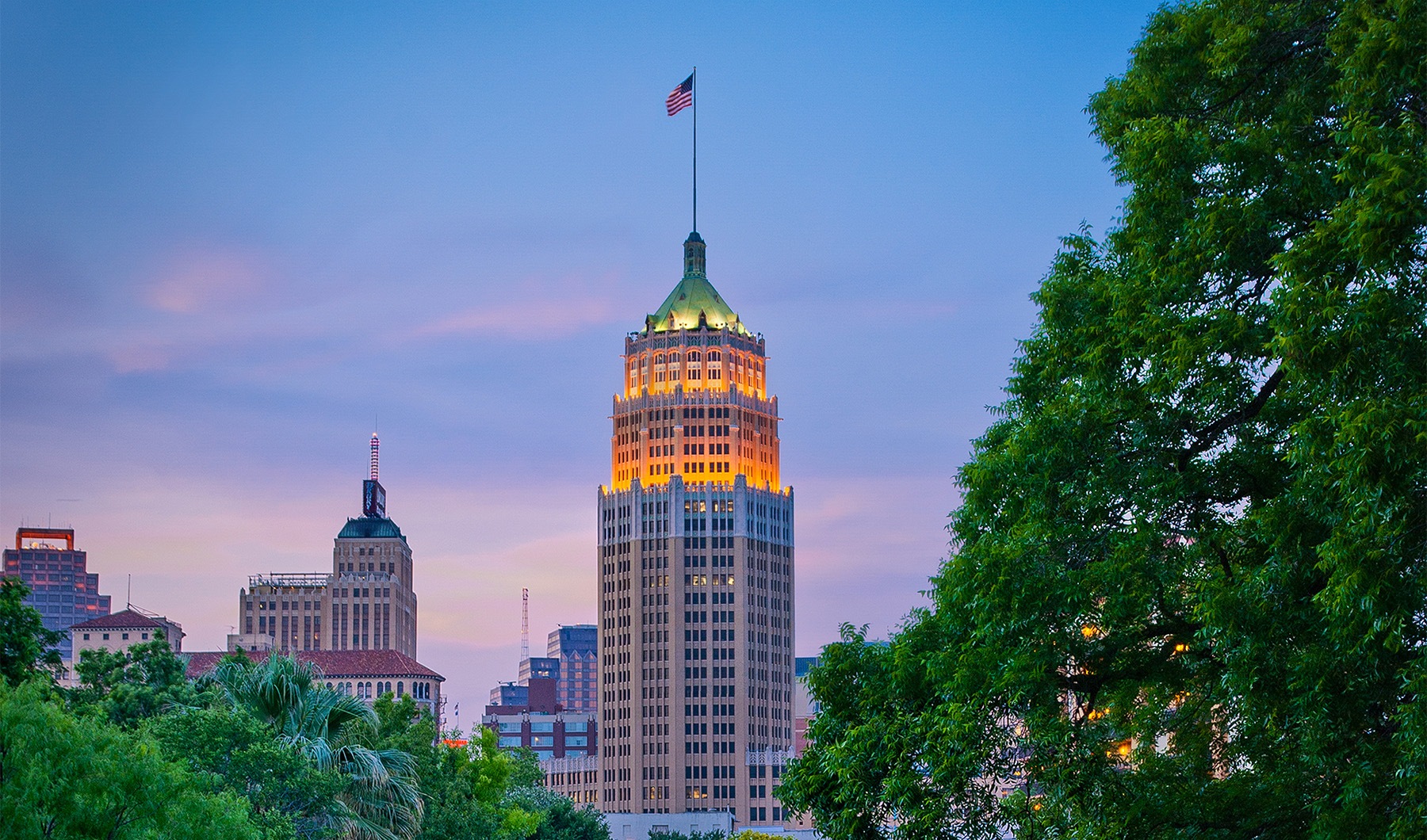 a large building at dusk